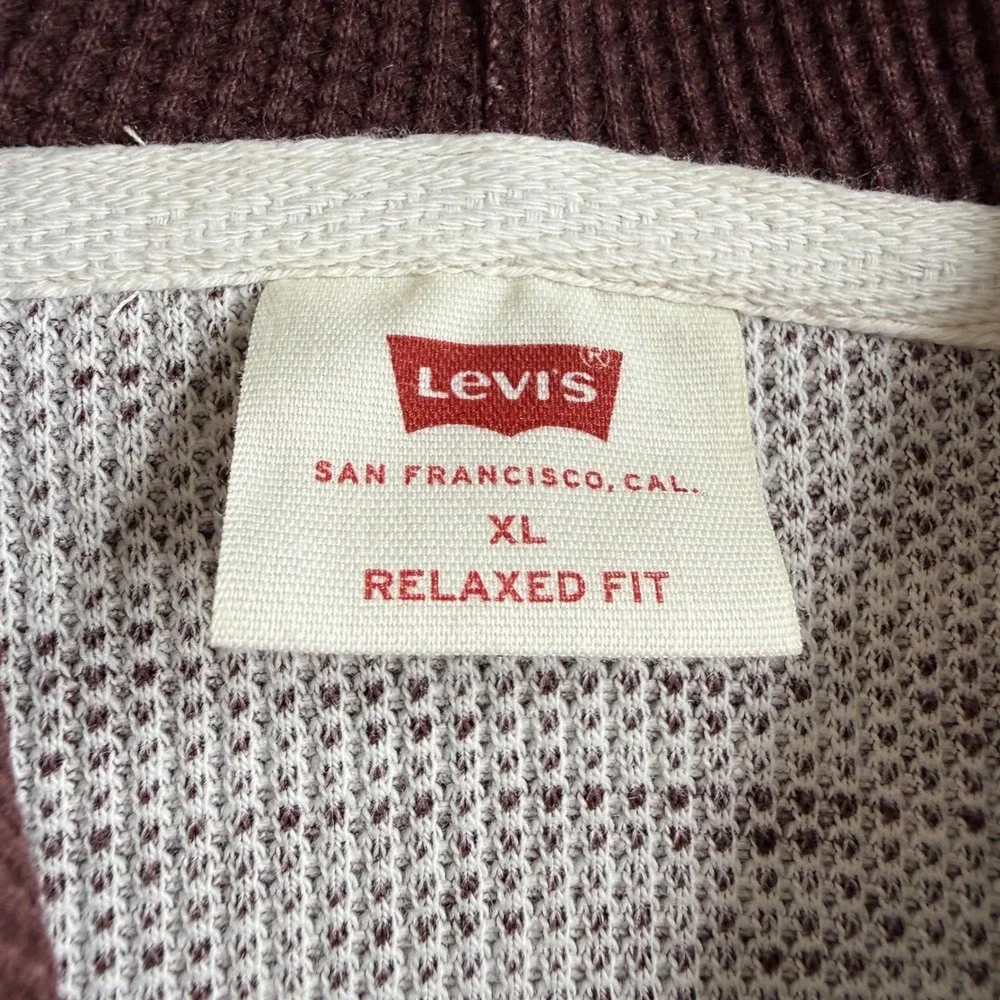 Levis Relaxed Fit Waffle Knit Striped Hoodie Mens XL Maroon White Pullover